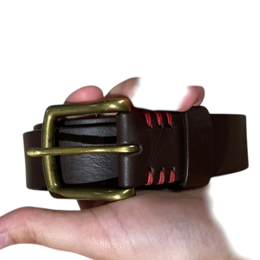 Men's Brown Leather Belt with Brass Buckle and Red Stitch Accent La Matera Brand